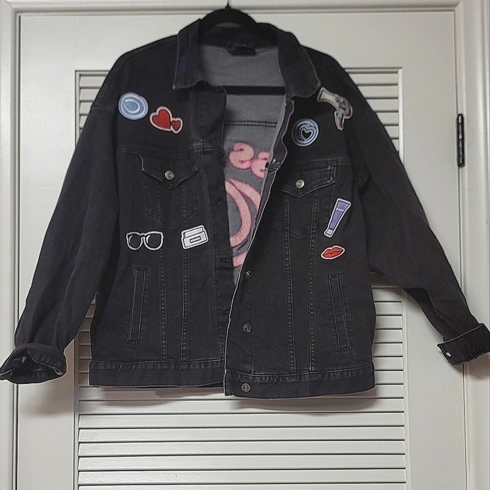 Monat - Faded Black Oversized Denim Boss Babe Patch Jacket With Pockets